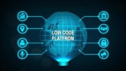 Low Code software development platform, new business concept ,tee icon attached around the map features the concept of network and technology confirmed. the map is rotating ,specify all icons,