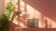 © ziya - Digital illustration depicts a laptop and succulent plants on a minimalist, peach-toned shelf with palm leaf shadows.