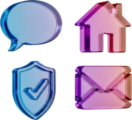 Wall Mural - Glass icons speech bubble house shield with checkmark envelope blue and purple gradient isolate chat