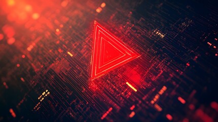 Futuristic digital background featuring a glowing red triangle amid a network of circuits and data. Ideal for themes of innovation, technology, and modern design concepts.