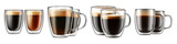 Various coffee drinks in clear glass cups with foam isolated on transparent background.