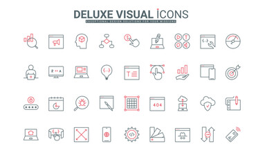 Web development line icons set. Ideation, editing content and creating design and code, software testing and algorithms, hacker protection thin black and red outline symbols vector illustration