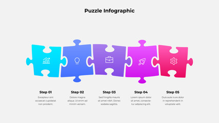 Wall Mural - modern infographic with connected colorful puzzle pieces illustrating five sequential steps for busi