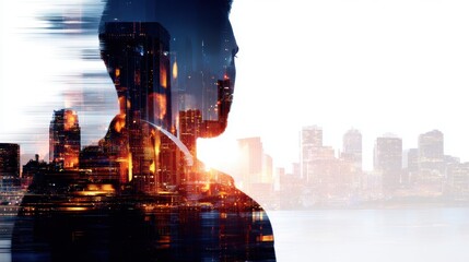 Wall Mural - silhouette of a person against a vibrant city skyline at sunset, showcasing urban life and technolog