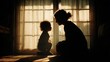 © EUT - Silhouette of a mom and child sharing a tender moment by a bright window. Use to illustrate family, love, intimacy, and the bond between mother and child.