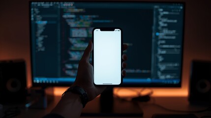 high-quality image of person holding a smartphone in front of a computer screen displaying code