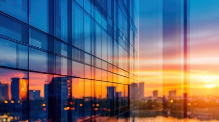 Wall Mural - stunning sunset reflecting on modern glass skyscraper windows overlooking a vibrant cityscape