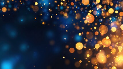 Abstract background of shimmering golden and blue bokeh lights creating a festive atmosphere
