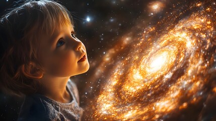 Wall Mural - a child gazing in wonder at a vibrant cosmic galaxy