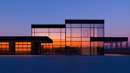 Wall Mural - modern architectural structure at sunset with vibrant colors reflecting on glass surfaces