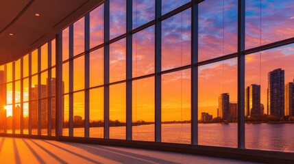 Wall Mural - stunning sunset view from a modern building's large windows overlooking a city skyline and river