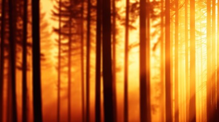 Wall Mural - serene sunset filtering through tall trees in a tranquil forest, casting warm golden hues and shadow