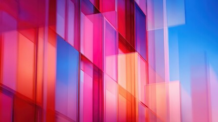 Wall Mural - abstract representation of colorful glass building facade reflecting vibrant hues against a blue sky