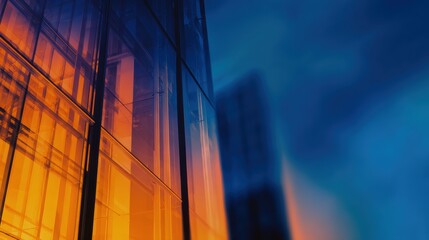 Wall Mural - abstract architectural view showcasing vibrant glass reflections against a dramatic twilight sky