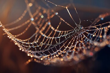 Sparkling dew drops adorn intricate spider web glistening with morning sunlight, captivating nature's delicate beauty.