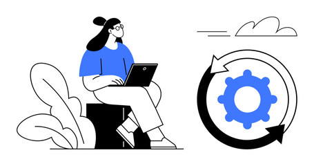 Wall Mural - Woman with laptop sitting beside plants, observing gear encircled by rotating arrows representing workflow, innovation, and improvement. Ideal for productivity, strategy, management, teamwork