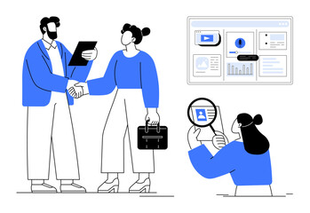 Wall Mural - Team discussing plans with handshake, analyzing charts on screen, inspecting profile through magnifier. Ideal for teamwork, business deals, recruitment, research, presentations, strategy simple flat