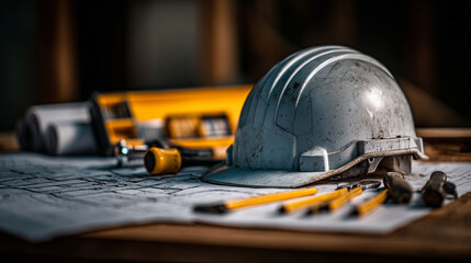 Construction helmet and blueprints on a table with pencils and a yellow tool box in the background