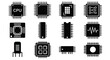 © Steven - Set of monochrome microchip and processor icons. Collection of computer CPU and integrated circuit symbols for technology design.