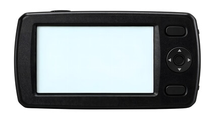 Blank black handheld electronic device with large display screen and navigation buttons isolated on the transparent background