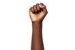 © SuperImages - Raised Dark-Skinned Fist: A Close-Up of an Arm Extending Upward with a Clenched Fist, Isolated on a White Background, Symbolizing Strength