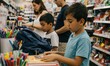 © Sergey - A family, including two young boys, shops for school supplies in a store. The foreground shows colorful pens, markers, and notebooks with a boy examin