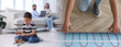 © New Africa - Worker installing underfloor heating system, closeup. Little boy feeling comfortable to play on warm floor at home