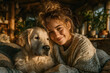 © Gonzalo - Joyful young woman with her golden retriever dog in a cozy, rustic living room.