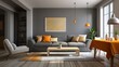 © Johannes - living and dining room interior with grey couch and table covered with orange tablecloth no logos no brands ar 169