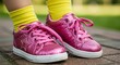 © kawan - Pink glitter sneakers with yellow socks on a brick surface showing a closeup of the childs feet