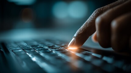 Close up of a finger pressing a glowing keyboard key in a dark futuristic environment