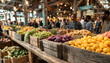 © Audrey - Noisy indoor farmers market scene shoppers selecting fresh, colorful produce from market stalls. Vibrant fruits, vegetables fill wooden crates, offering healthy, local food options in urban setting.