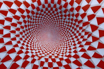 Red and white checkered tunnel creating optical illusion