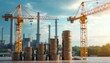 © Vadym - Stacks of coins, construction cranes signify rising building costs. Image finance, investment, economic growth in construction industry. Represents project budgets, capital expenditure, industrial