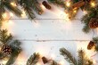 © Trishna - Christmas lights bulb and pine leaves decoration on white wood plank, frame border design. Merry Christmas and New Year holiday background. top view.royal, luxury rule of third, extreme left