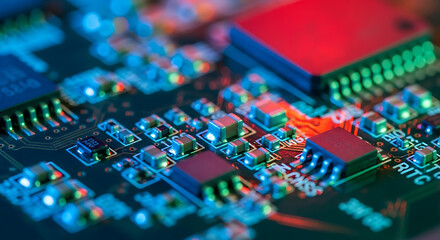 close-up view of a colorful circuit board with electronic components