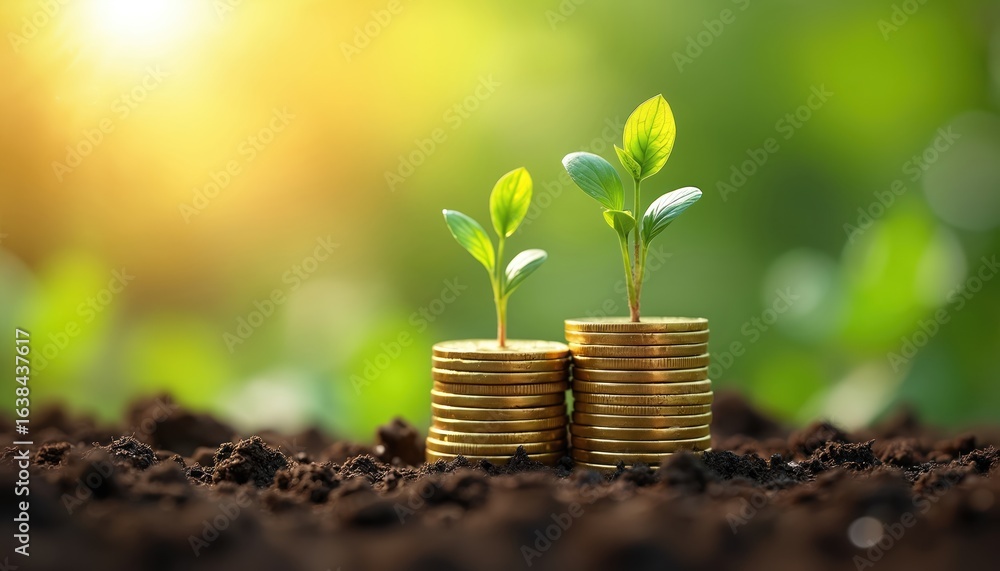 Two stacks of gold coins with small green plants sprouting from, set in ...
