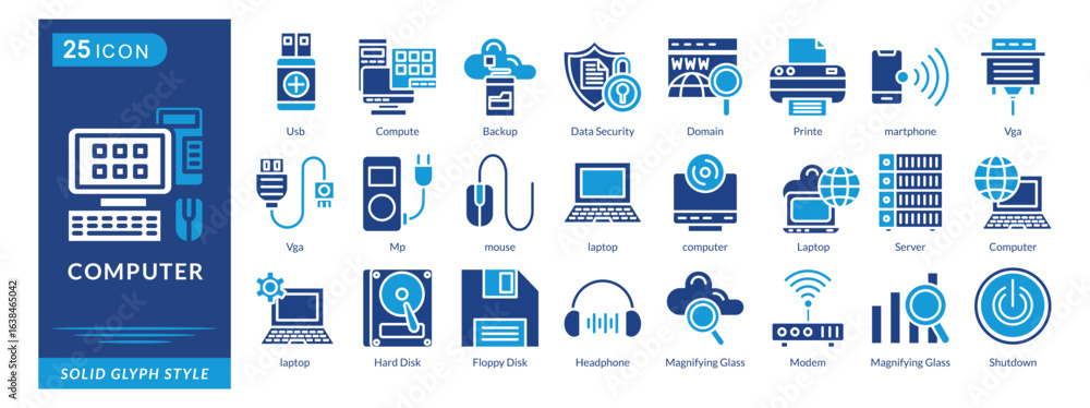 Computer icon set collection in solid glyph style. an icon pack contain ...