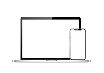 Modern laptop computer and smartphone with blank white screens, isolated on transparent background