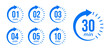 © Hasan_Sumon - Countdown timer icons for 1, 2, 3, 4, 5, 10, and 30 minutes in circular arrow design, representing stopwatch, cooking time, time tracking, scheduling, deadline, and duration measurement.
