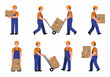 © Nafa Project - Set of Cartoon Worker Illustrations Featuring a Mover or Delivery Man Transporting Cardboard Boxes and Freight with a Dolly