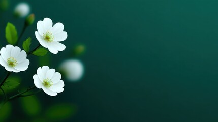 Wall Mural - A close up of three white flowers on a green background