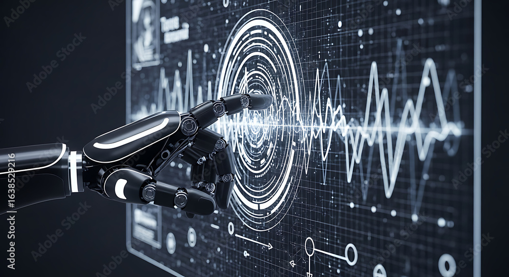 Robotic arm interacting with a digital interface displaying waveforms ...