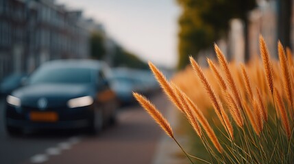 Wall Mural - A car is parked on the side of a street next to a field of tall grass