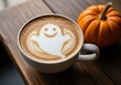 © Tortuga - Cute Halloween ghost latte art in a coffee cup with a mini pumpkin on a rustic wooden table