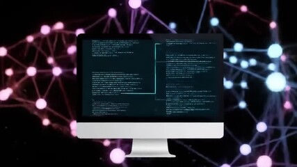 Computer monitor displaying code with blurred network graphic background