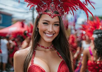 a woman in a red costume at Carnival, wearing a feather headdress and headpiece. She is dancing on the parade street, with a big smile on her face