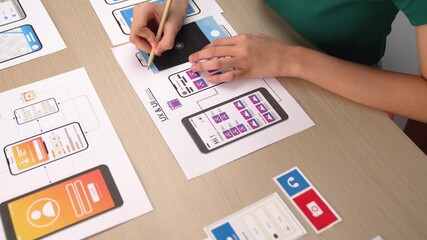 Wall Mural - panorama video of startup company employee planning on user interface prototype for mobile applicati