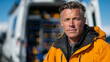 © Maksym - Close-up of a determined man wearing an orange jacket, standing beside a white van with open doors, rows of gleaming tools and equipment neatly organized inside,