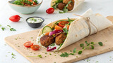Falafel Pita Wrap with Vegetables on lite Background wrap in a corner with diffrent suce